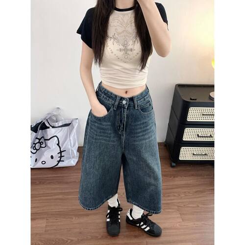 复古宽松阔腿牛仔七分裤女夏季薄款小个子胖mm显瘦大码直筒短裤子