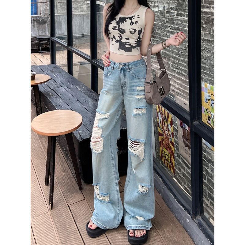 高街破洞窄版阔腿牛仔裤女2026秋季新款低腰宽松小个子直筒拖地裤图片