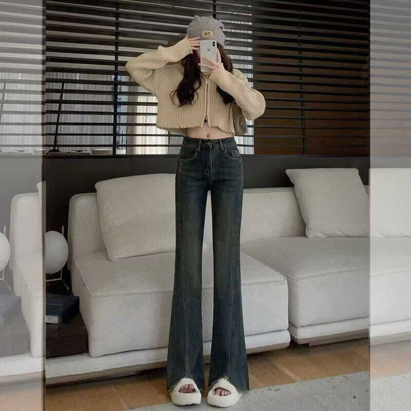 春夏2025新款浅色高腰微喇牛仔裤女百搭修身辣妹毛边拖地喇叭裤子