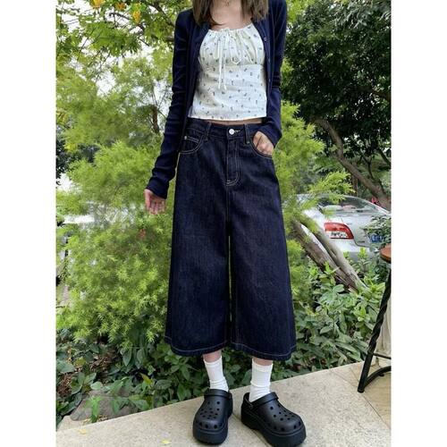 丹宁深蓝牛仔短裤女七分裤春夏薄款2026新款高腰宽松阔腿7分裤子