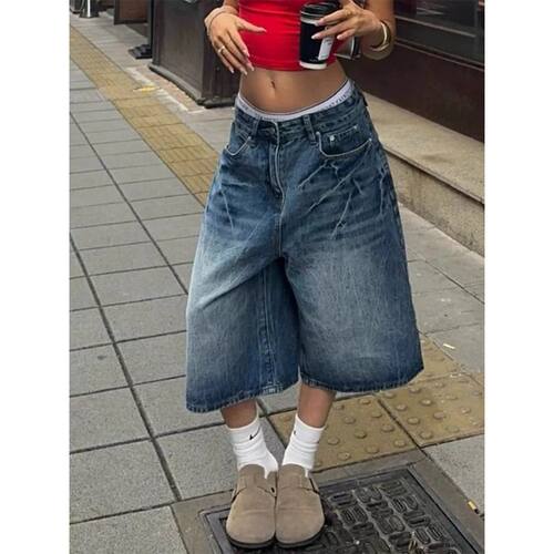 大码胖mm美式复古阔腿牛仔裤女夏季新款高腰宽松显瘦直筒七分裤子