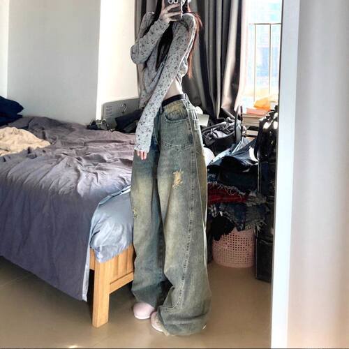 水洗做旧毛边牛仔裤女高街直筒宽松显瘦阔腿垂感拖地裤潮
