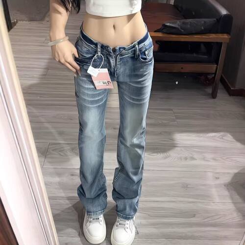 美式高街毛须低腰微喇牛仔裤女秋冬新款设计感辣妹弹力窄版直筒裤