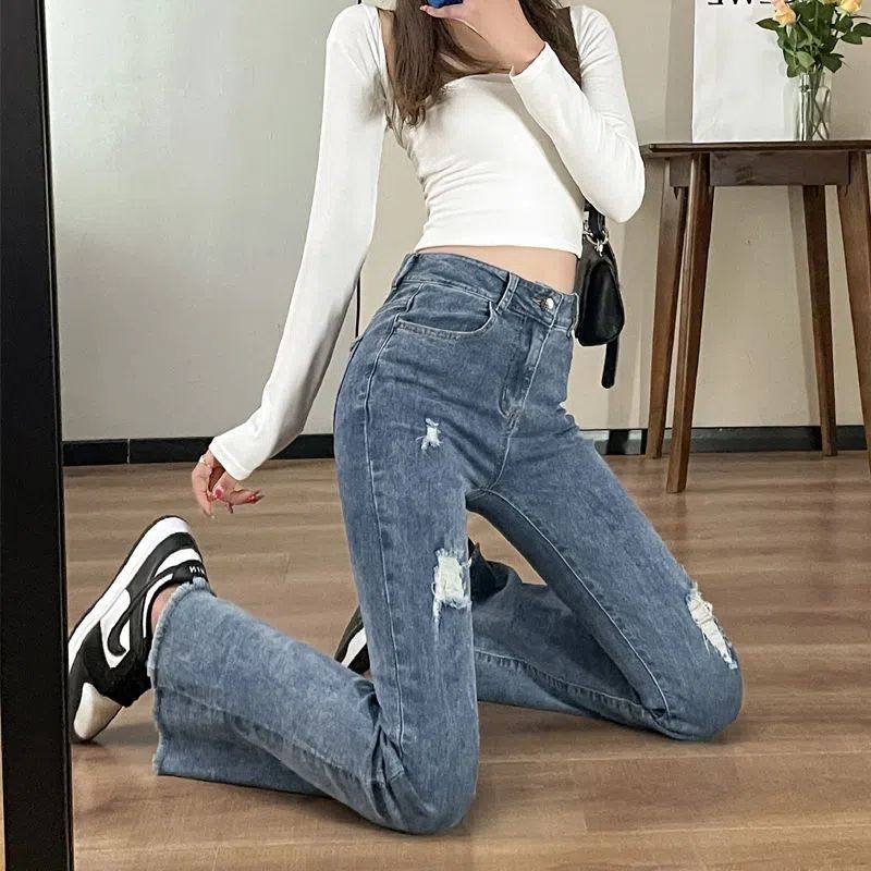 韩版微喇叭毛边牛仔裤女春夏新款修身显瘦时尚百搭拖地喇叭长裤潮