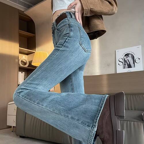 复古色微喇牛仔裤女春秋季2025新款高腰毛边拖地马蹄喇叭裤子ins