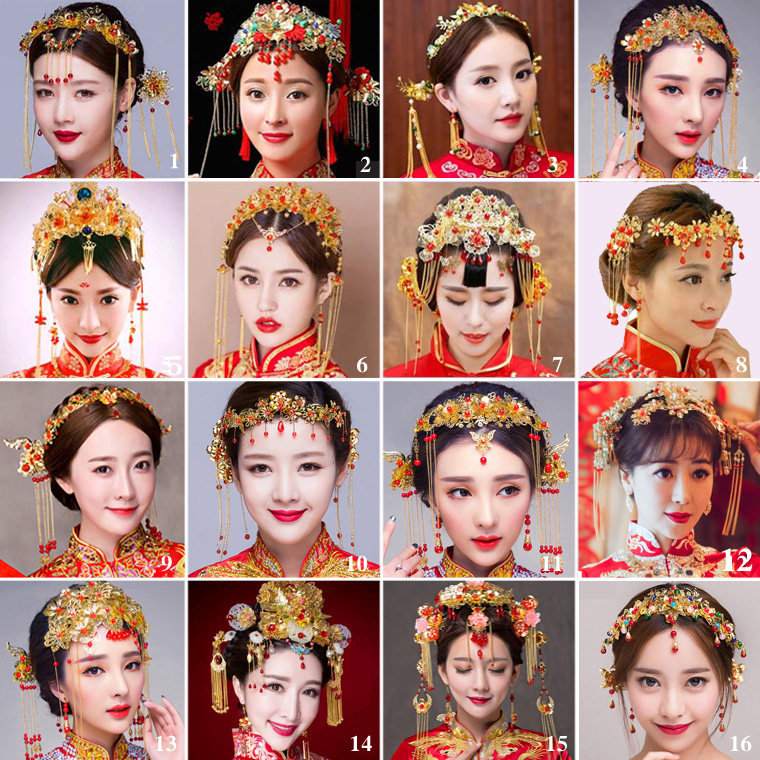 新款七彩金色红珠流苏秀禾服古装龙凤褂发梳结婚新娘头饰套装包邮