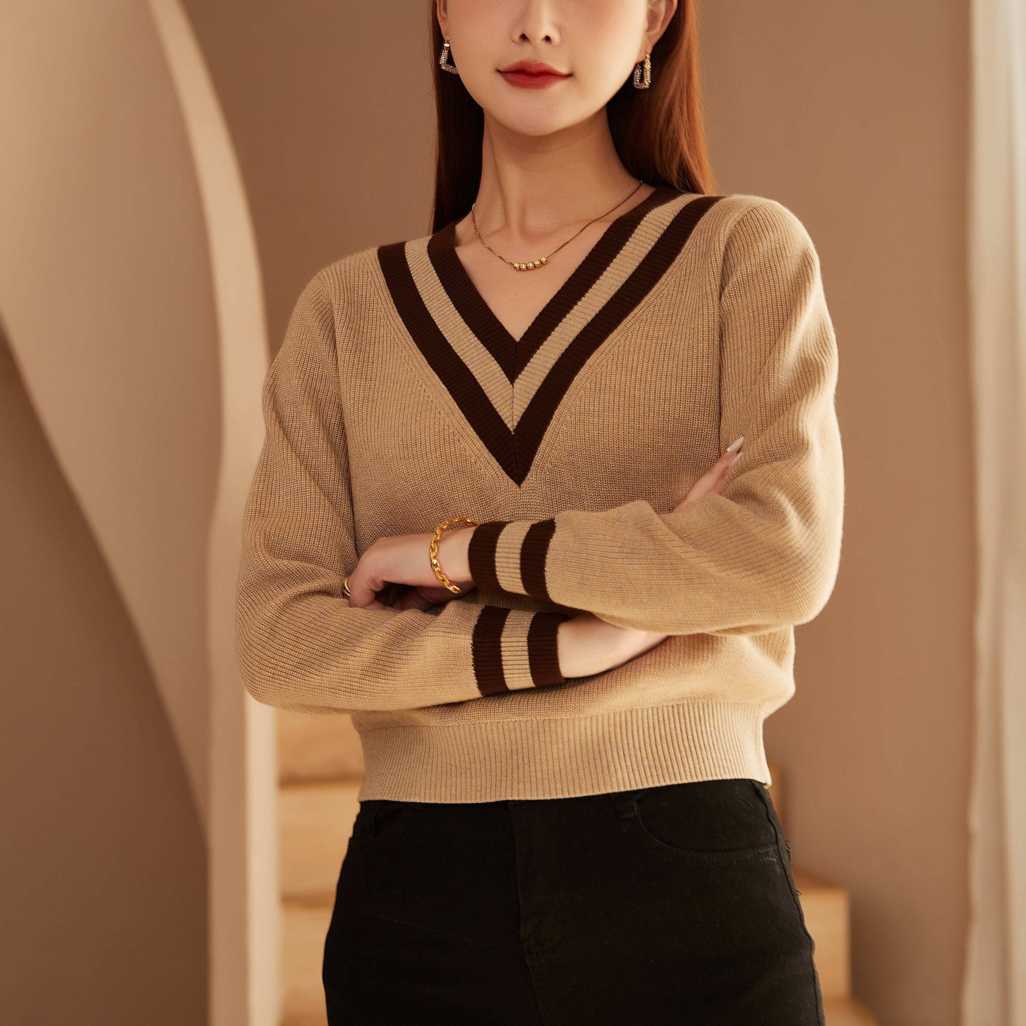 羊毛衫秋冬厚款v领春秋时尚女装长袖百搭条纹女士针织气质12340