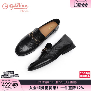 金利来女鞋2025秋季英伦平底小皮鞋圆头百搭黑色手抓羊皮乐福鞋女