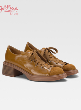 金利来女鞋粗跟鞋面系带休闲单鞋女时尚复古黄色中跟厚底小皮鞋SJ