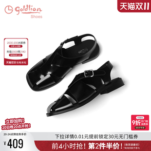 女粗跟2025夏季 编织镂空包头凉鞋 新款 时尚 女鞋 金利来罗马凉鞋