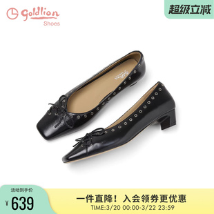 金利来单鞋女粗跟2026春季新款真皮黑色浅口蝴蝶结百搭上班通勤鞋