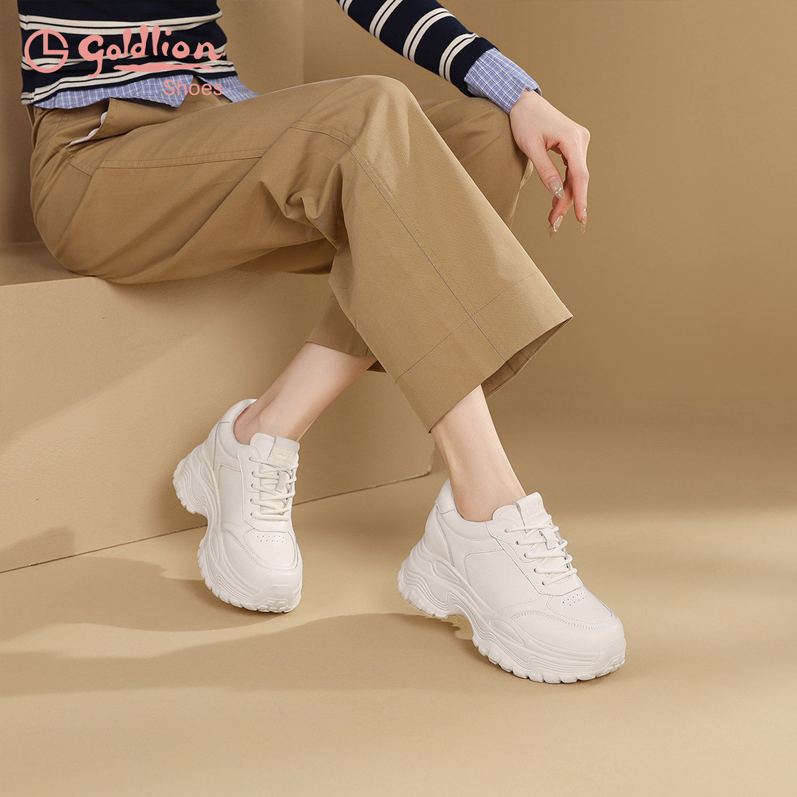 金利来女鞋2026春季新款厚底增高老爹鞋女士小白鞋圆头运动鞋JJ