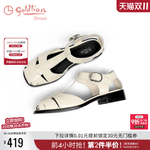 编织休闲真皮低跟包头猪笼鞋 金利来罗马凉鞋 时尚 女鞋 女夏2025新款