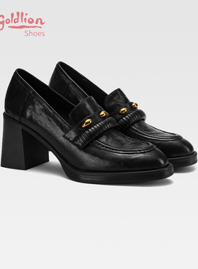 金利来女鞋2026春秋新款粗跟乐福鞋真皮圆头小皮鞋高跟百搭单鞋SJ