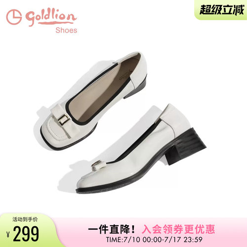 金利来粗跟方头真皮单鞋