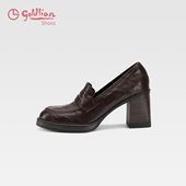 小个子增高通勤小皮鞋 金利来棕色乐福鞋 女粗高跟真皮一脚蹬单鞋