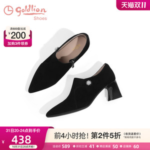 金利来女鞋2023秋季新款尖头粗跟高跟鞋侧拉链黑色通勤深口单鞋女
