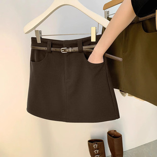 咖色毛呢短裙女2024秋冬新高腰显瘦拉链a字裙百搭包臀半身裙短款