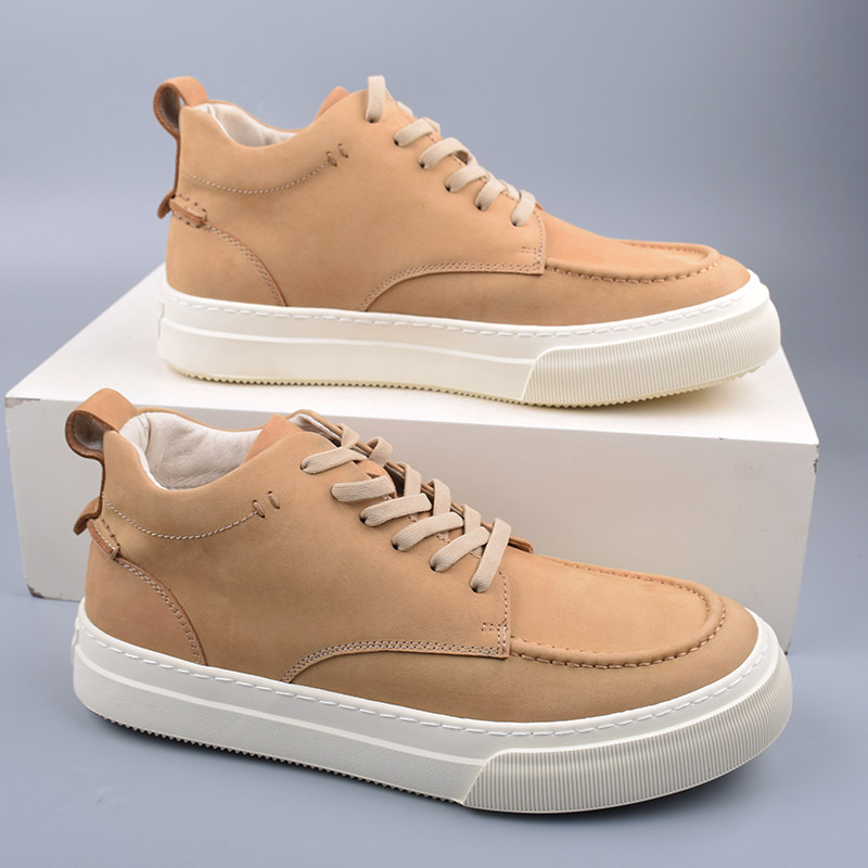 撤柜男鞋磨砂牛皮高帮板鞋透气青年潮鞋纯色反绒皮户外休闲工装鞋