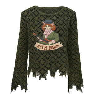 JUNGLE ME墨绿色复古菱格提花女长袖毛衣常规款百搭宽松流苏毛衣