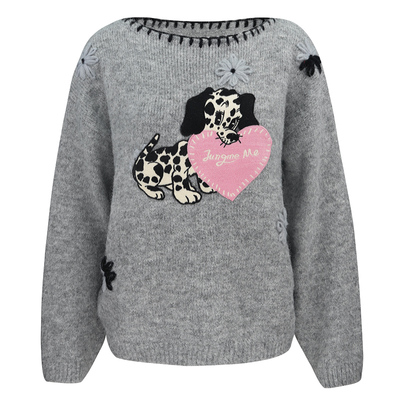 JUNGLE ME灰色圆领长袖手绣盘花毛针织衫手绘斑点狗绣花套头毛衣