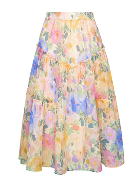 JUNGLE ME印花暖黄色水彩夏季A字松紧腰碎褶裙梦幻度假高腰半身裙