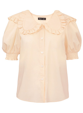 JUNGLE ME浅黄色木耳边娃娃领减龄小衫荷叶边翻领短袖衬衣设计感