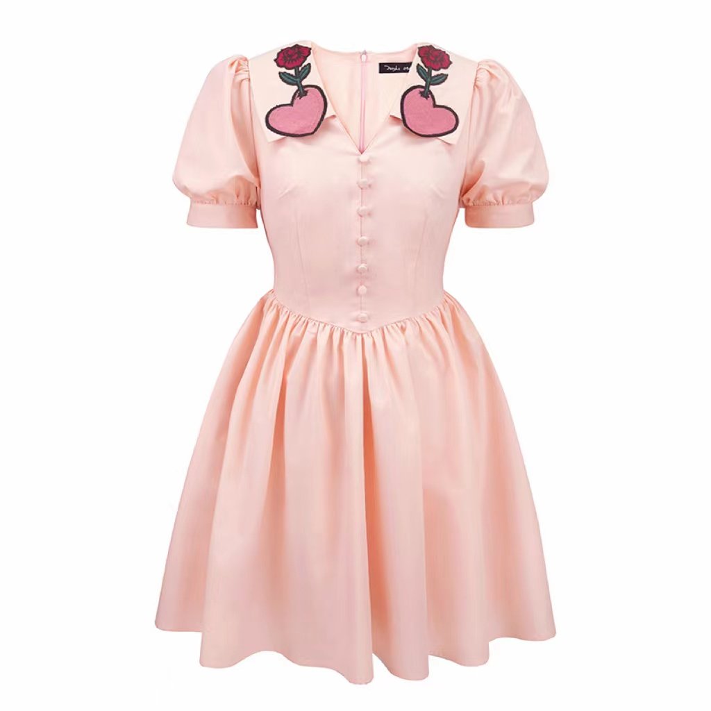 JUNGLE ME新款浅粉色减龄娃娃领高腰玫瑰绣花短袖连衣裙蓬蓬裙