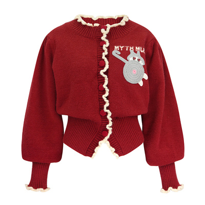 JUNGLE ME新年氛围感红色针织开衫毛衣卡通猫咪绣花纽扣装饰复古
