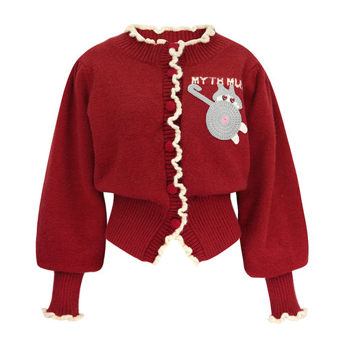 JUNGLE ME新年氛围感红色针织开衫毛衣卡通猫咪绣花纽扣装饰复古
