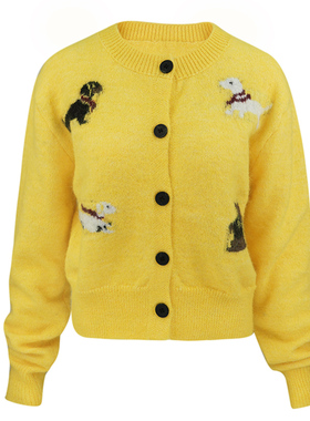 JUNGLE ME圆领小狗提花毛针织开衫女黄色显白直筒毛衣长袖通勤