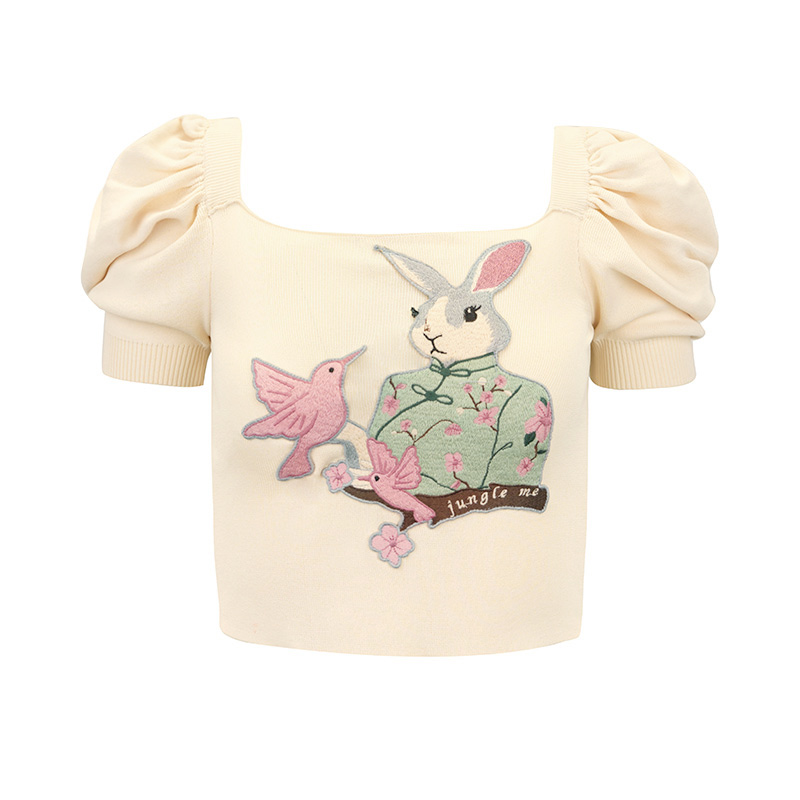 JUNGLE ME方领杏色气质针织短袖修身夏季透气女泡泡袖中式绣花