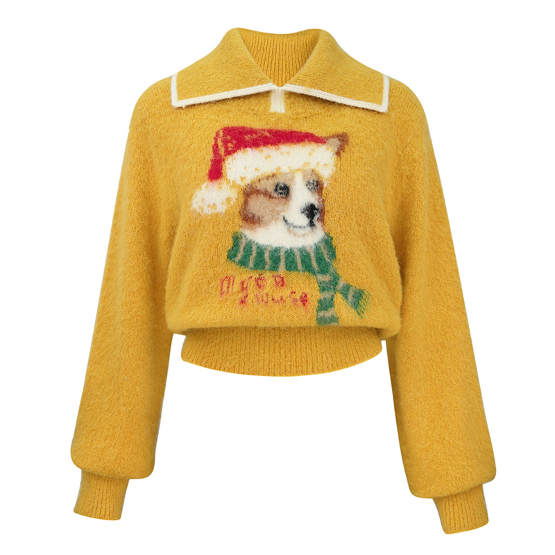 JUNGLE ME复古POLO领提花长绒毛衣长袖套头设计卡通提花减龄针织