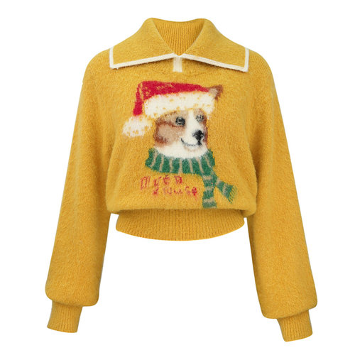 JUNGLE ME复古POLO领提花长绒毛衣长袖套头设计卡通提花减龄针织