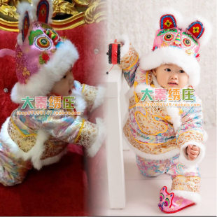 纯手工真兔毛儿童新年唐装棉衣裤女宝格格服棉衣裤子百天周岁送礼