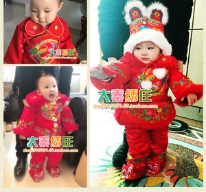 真兔毛仿丝缎刺绣儿童过新年冬款唐装棉衣裤鞋帽宝宝满月百天周岁