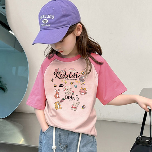 纯棉女童短袖T恤夏季2025新款儿童可爱兔子印花休闲百搭拼色上衣