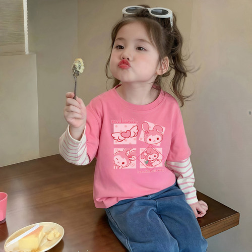 女童春装长袖T恤2025新款儿童女孩可爱小兔子印花假两件打底上衣