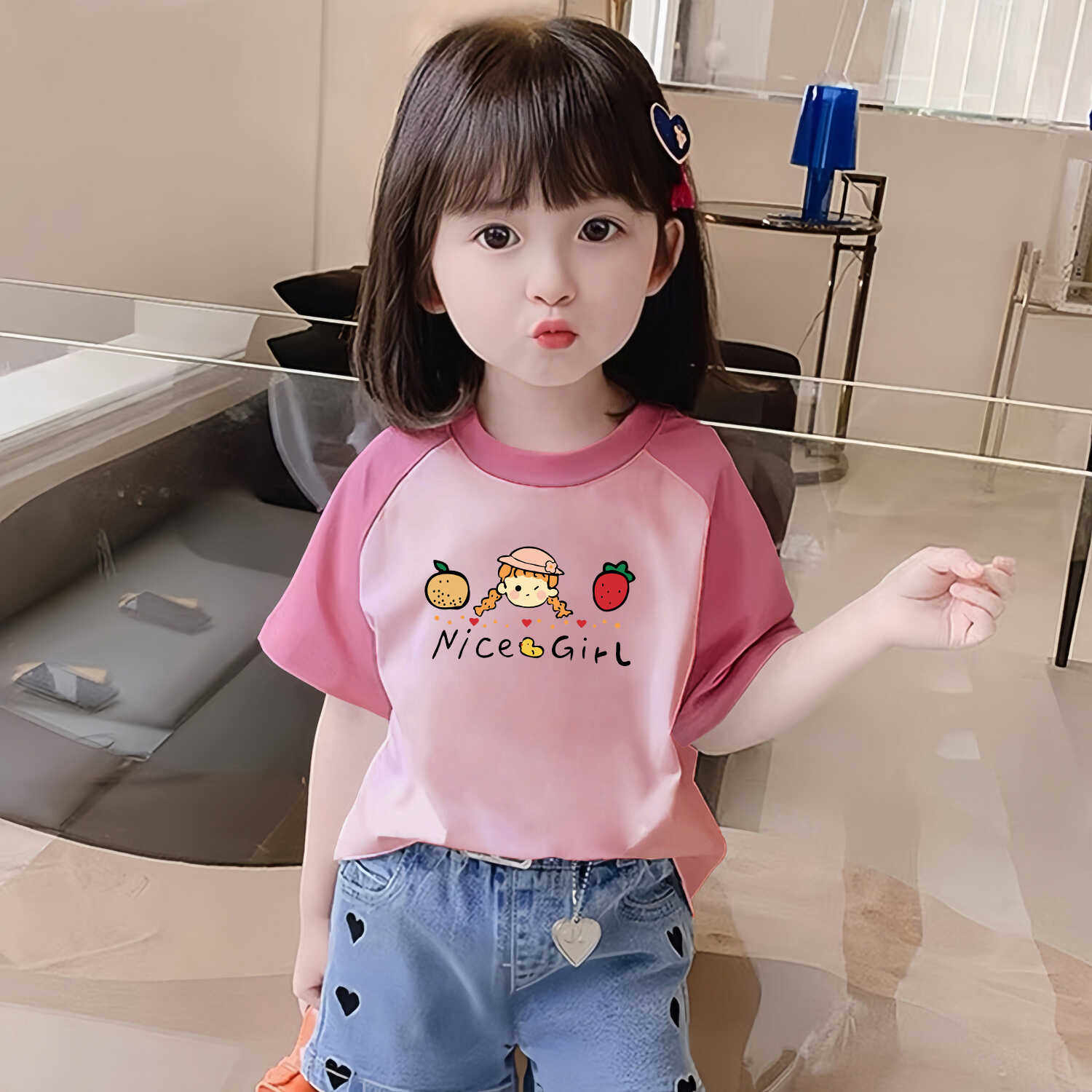 2024夏季女童韩版甜美可爱印花童装纯棉儿童短袖T恤洋气时髦上衣