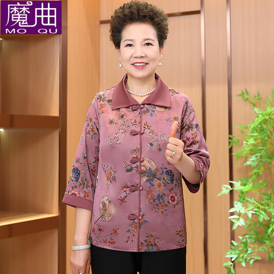 奶奶夏装时尚七分袖妈妈装盘扣衬衫母亲老太太国风气质衬衣薄