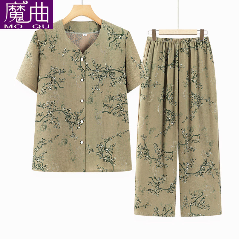 奶奶夏装短袖套装女中老年人衬衫妈妈夏季休闲老太太洋气减龄衣服