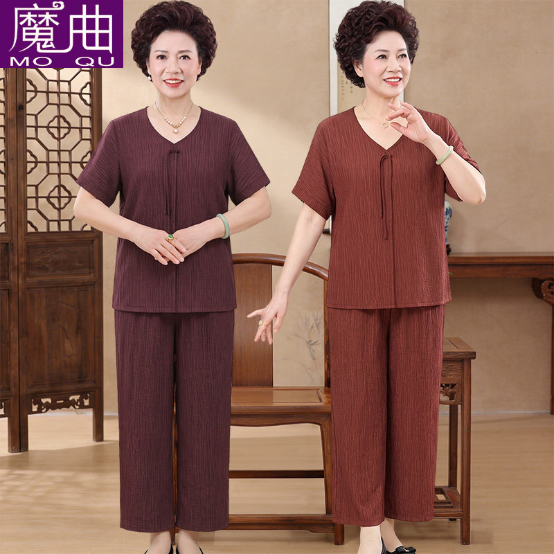 中老年女装夏装V领短袖两件套妈中老年女装