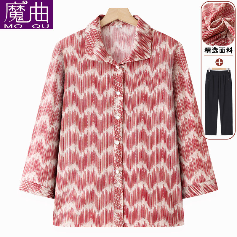 中老年人妈妈夏季衬衫七分袖上衣新款婆婆衣服奶奶夏装宽松衬衣女
