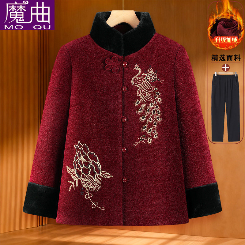 中老年女加绒厚唐装棉袄冬装