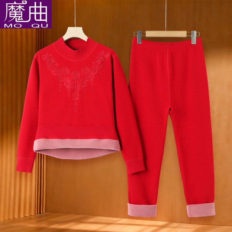 新款老年人保暖内衣女士加绒加厚妈妈高领中老年保暖衣套装冬季