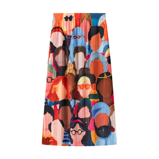 女装 夏季新款 松紧高腰印花宽松两侧开叉直筒百褶半身裙 504271