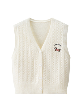 女装 2025秋季新款 学院风小狗刺绣V领针织开衫无袖马甲 508242