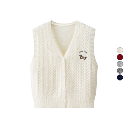 女装 2025秋季新款 学院风小狗刺绣V领针织开衫无袖马甲 508242