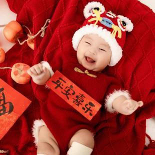 影楼拍照服装百天宝宝主题摄影虎头帽新年摄影服红色周岁拍照服装