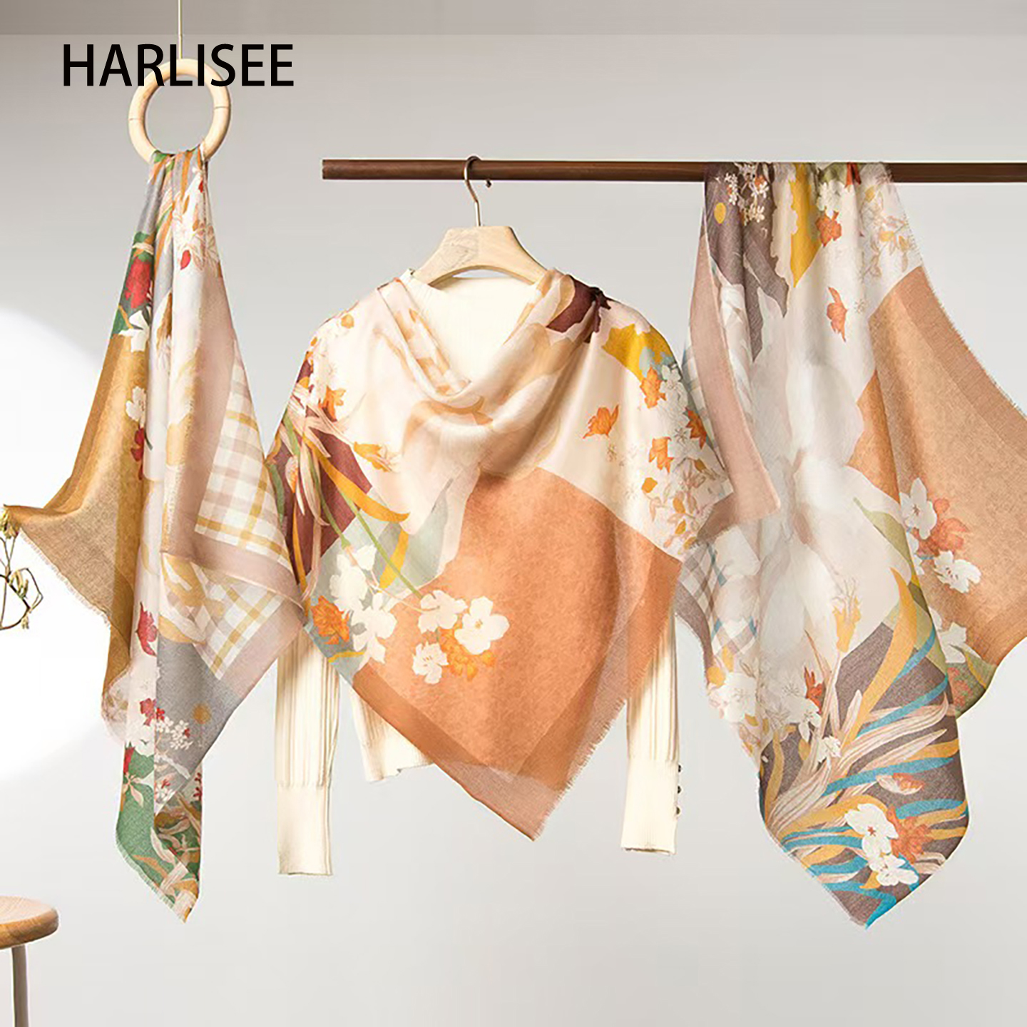 轻薄国潮印花羊绒小方巾春秋时尚百搭保暖气质女士小丝巾高档围巾